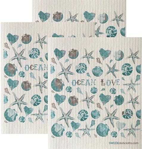 Conjunto de amor do oceano sueco -lotes de 3 cada pano de prato sueco | Pano de limpeza absorvente ecológico