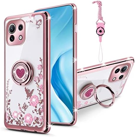 Caixa de telefone para Xiaomi Mi 11 Lite, Mi 11 Lite 5G Case para mulheres Glitter Crystal Bling Butterfly Heart