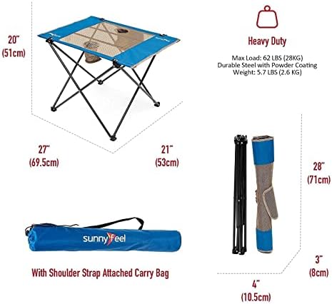 Mesa de acampamento dobrável Sunnyfeel, mesas de piqueniques portáteis compactas, tecido leve, rolando