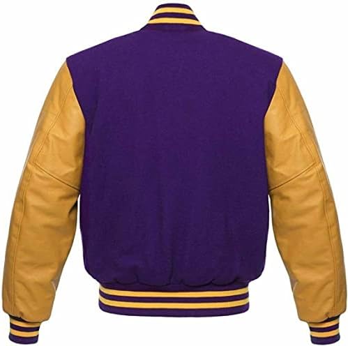 Homens do time do colégio Letterman Retro Purple Wool & Gold Real Leation Sleeves