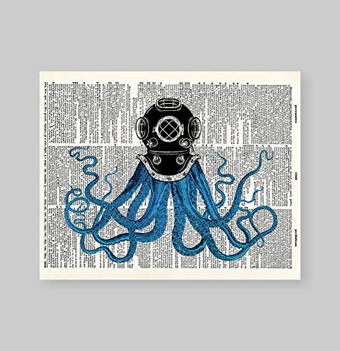 Susie Arts 8x10 Octopus sem moldura aquanaut upcycled dicionário vintage dicionário livro impressão