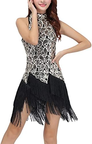 Abafip Women Glitter Tassel Tassel Latin Dance Dress 20s Fringe Fringe Keyhole Salsa Chacha Tango Mini Vestido