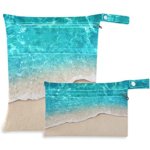 VISESUNNY Blue Ocean Wave Sandy Beach Print 2pcs bolsa molhada com bolsos com zíper lava -vaciais para viajar, praia, piscina, creche, carrinho de bebê, fraldas, roupas de ginástica sujas, roupas de banho molhadas, produtos de higiene pessoal