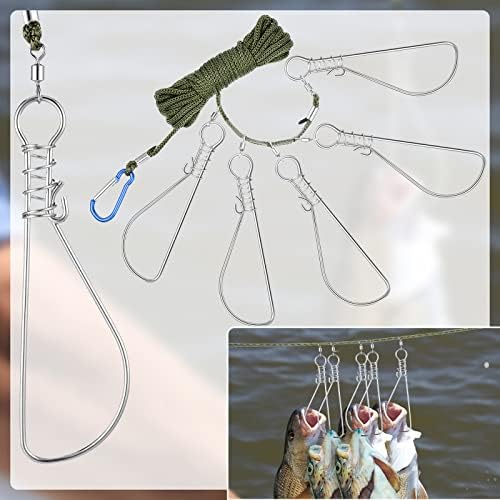2 conjuntos de pesca clipe de 16 pés de corda de peixe stringer stringer titular com 5 gancho de aço inoxidável