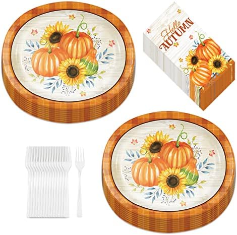 Placas ovais de papel de colheita de abóbora xadrez laranja, guardanapos de jantar de outono e garfos