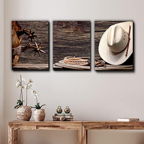 Artdec Western Cowboy Wall Canvas Arte de 3 peças Decoração de moldura de chapéu e botas PRIMIDAS 16X12