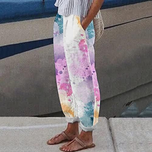 Calça de linho de algodão Capri Pants Womens Summer Casual Capri Pants com bolsos Calças de harém floral