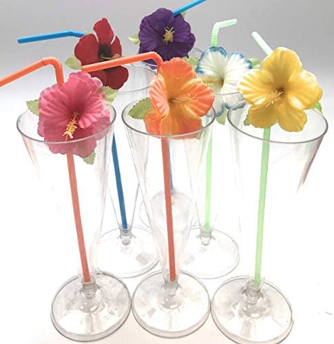 Hibiscus Flower Bendable Straws Rissorted Brighr Colors Great for Beach Party, Decor de Partido Havaiano