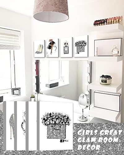 Decoração de parede de moda cinza glam - maquiagem mulher Arte da parede emoldurada - Decoração de quarto feminino