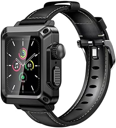 Murve Leather Strap+Metal Case para Apple Watch Band 44mm 40mm Esportes ao ar livre 2 em 1 Caixa de metal de vidro