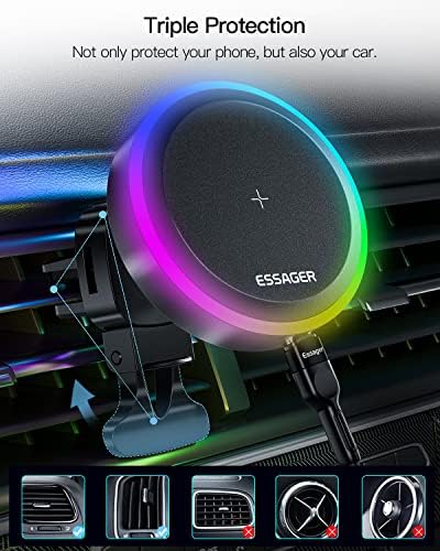 Montagem do carregador de carro sem fio magnético RGB, suporte de telefone de ventilação de ar para Magsafe iPhone