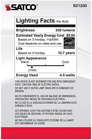 SATCO S21230/06 4,5 watts LED E26 Lâmpadas, 2700k, 15000 horas Classificação, Dimmable, 6 pacote