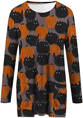 Juniors Festival Halloween Top de manga comprida Blusa T camisetas Crewneck Pumpkin Cat Graphic Slimming Túnica