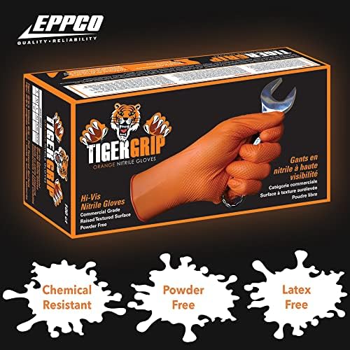 EPPCO TigerGrip 8-Mil Nitrile Luve Pó descartável, Luvas de laranja com textura livre livre de látex, Média, caixa de 100