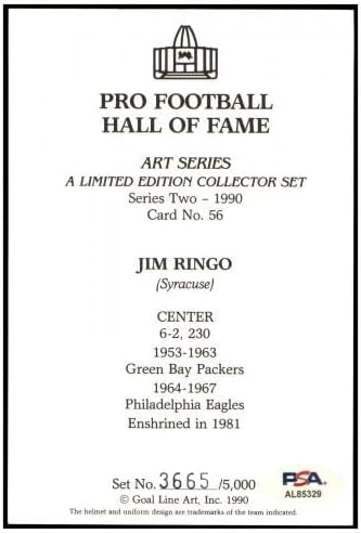 Jim Ringo assinou o card de arte da linha de gol glac autografado Packers PSA/DNA AL85329 - Cartões de futebol autografados