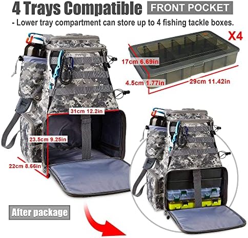 Rodeel Pesques Tackle Backpack 2 Pesques de haste de pesca sem 4 caixas de equipamento, armazenamento