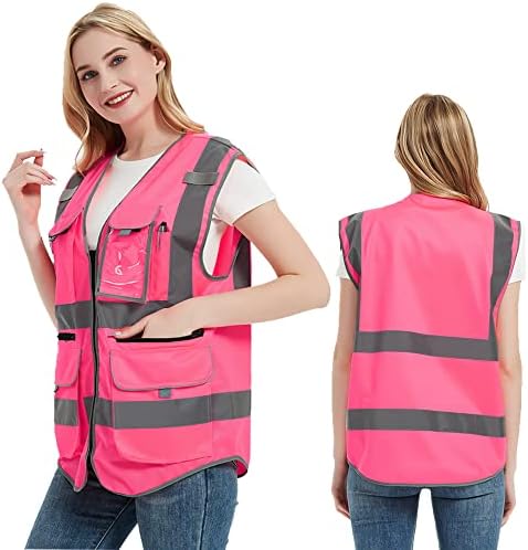 Oi Vis Vis de segurança rosa com zíper Fechamento frontal para mulheres Lady Girl Reflexive Visibiltion