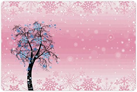 Tapete de estimação rosa pálido lunarável para comida e água, árvore de flocos de neve de Natal com folhas