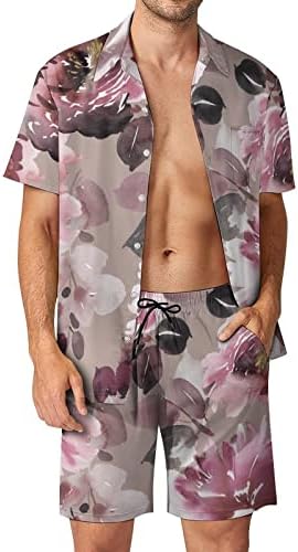 Flores de aquarela Flores masculinos Hawaiian Button-Down Camisetas e calças de manga curta Roupa de praia Summer