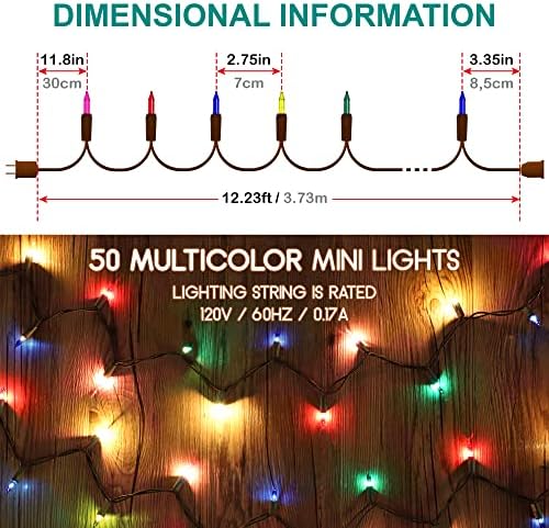 50 Mini Luzes de Natal Conjunto - 12,3 ft / 3,7 m - 120V - Bulbos multicoloridos - fio marrom - End End -