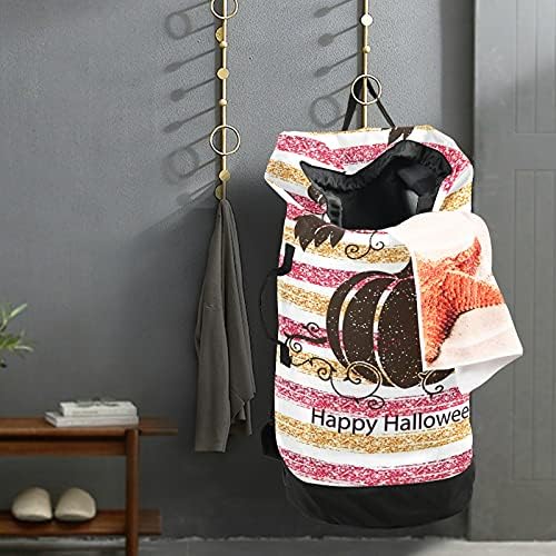 Feliz Halloween listrado bolsa de lavanderia com alças de ombro de lavanderia Backpack Bolsa de tração