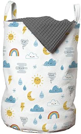 Bolsa de lavanderia Sun Ambesonne, nuvens climáticas engraçadas estampa de arco -íris da lua, cesto de cesto com alças fechamento de cordão para lavanderia, 13 x 19, White Multicolor