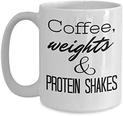 Caneca de café Fitness - Café, Pesos e Shakes de Proteína - Presente para Lefter de Peso, Personal Trainer,