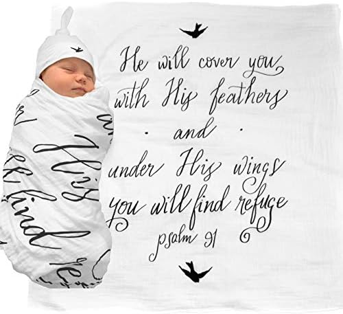 Sob suas asas, mussell swaddle & bonus chapéu de bebê com citação das Escrituras - de algodão não branqueado