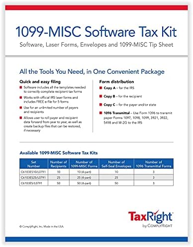 Cumprir Taxright 2020 1099-MISC Kit de formulário de imposto a laser de 4 partes com software e envelopes,