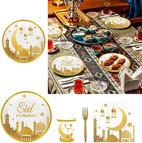 Yovslop Paper Cup Plate Fork, Eid Islâmico Festival Tableware Conjunto, Eid Tabelware, Eid Decorações