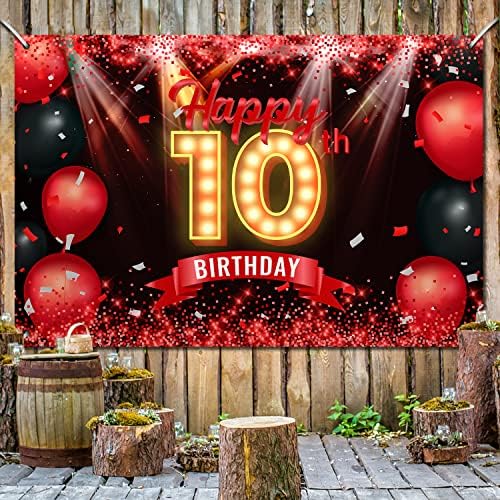 Feliz banner de 10º aniversário de 10º aniversário Red e Black 10 anos de fundo decorações de
