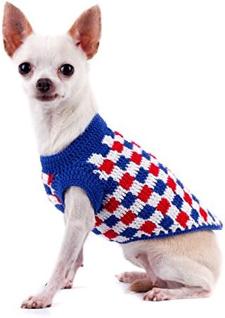 Fantasia de cachorro xadrez azul branco azul americano EUA crochê artesanal 92k