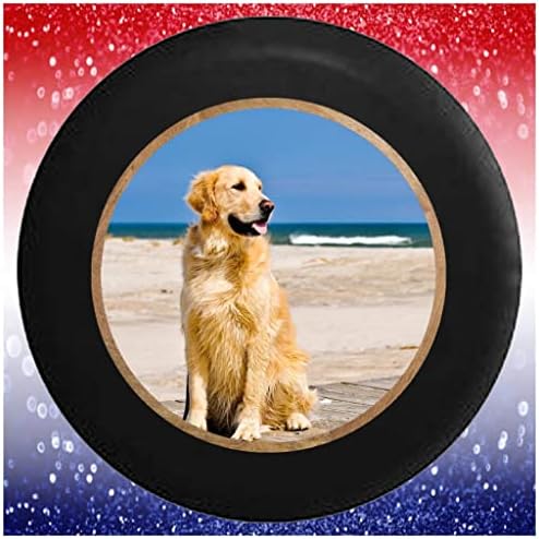 Grande capa de pneu sobressalente Happy Golden Retriever na praia preto 35 polegadas