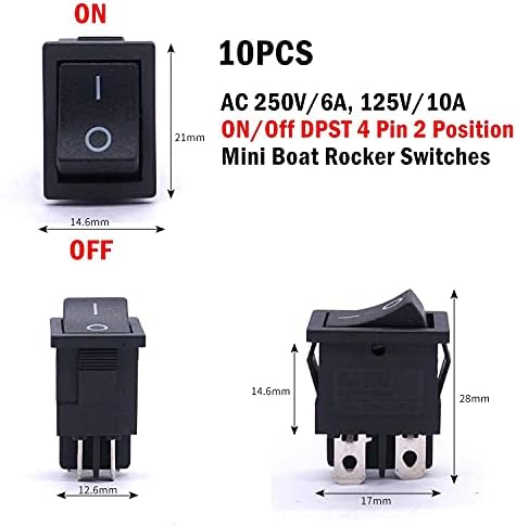 FACDEM 10PCS AC 250V/6A, 125V/10A ， ON/OFF DPST 4 PIN 2 Posição Mini Rocker Switches Switch Snap Snap