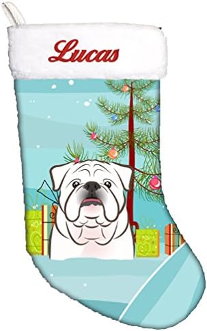 Tesouros de Caroline BB1592CSEMB Árvore de Natal e Bulldog Inglesa Branco Personalizado Marque de Natal, lareira