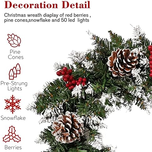Christmas Wreath for Front Door - Prela Chas de Natal com 50 luzes LED, timer, pinheiros grinaldas de porta artificial