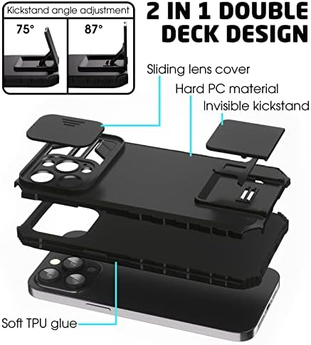 ABITKU Compatível com o caso do iPhone 14 Pro Max, com o design do Kickstand e do Slide Camera, camada dupla, capa