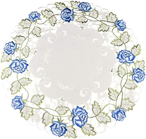 Rosa azul vitoriana bordada com trabalho verde em marfim, pequena peça central de mesa