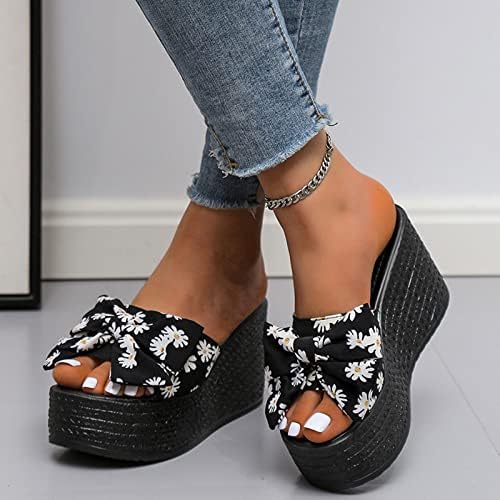 Ladies Fashion Summer Bow Floral Fabric Wedge Heel Aberto Sandálias Black Wedges Sandals For
