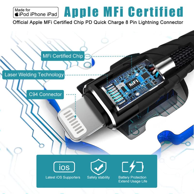 20W USB C TO CABO DE LAVOSTO CARREGE RÁPIDO 【3PACK-10FT】 Apple MFI Nylon certificado Nylon Tipo C Tipo