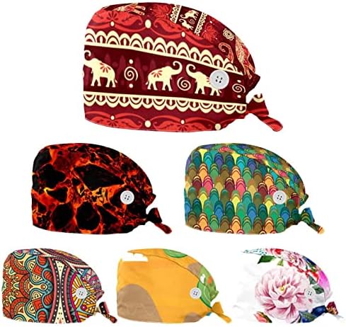 6 PCS Cirurgia Scrub Cap, estilo indiano Mandala bohemia bouffant Scrub Hat Hat Hat Hat Cap boné de