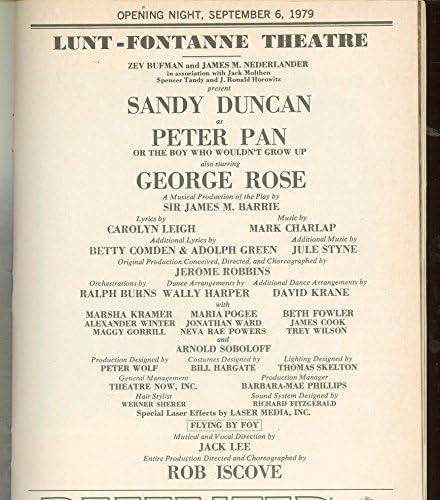 Peter Pan, Broadway de abertura da noite Playbill + Sandy Duncan, George Rose, Beth Fowler, Marsha Kramer, Maria
