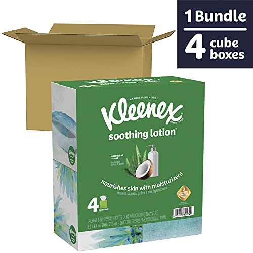 Kleenex Sonming Loção Facial Facial Tissues com óleo de coco, aloe e vitamina E, 4 caixas de cubos, 65