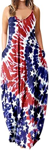 4 de julho Vestidos maxi para mulheres Casual Summer Boho Dress USA Flag Scoop pescoço cami listras sem mangas