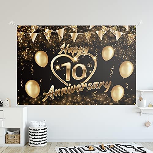 Feliz aniversário de 10 anos, decoração de bandeira preta de ouro - Glitter Love Heart Happy 10 Anos Anniversary