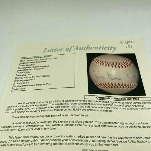 Hank Greenberg Single assinado Baseball autografado com JSA CoA - Bolalls autografados