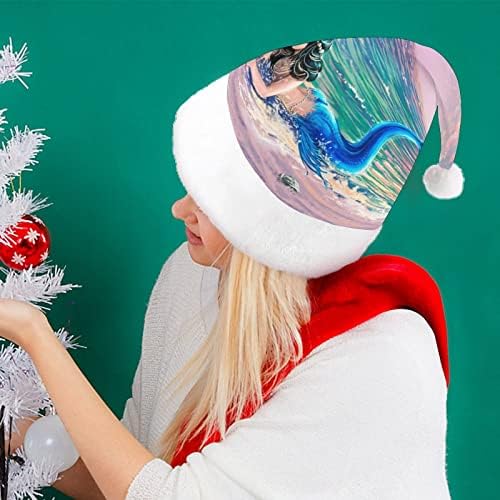 Mermaid Plush chapéu de Natal travesso e lindos chapéus de Papai Noel com borda de pelúcia e decoração de