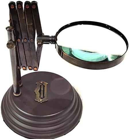 Decoração Maan Decora de bronze copo de lupa na base de madeira - lente de lentes de leitura náutica decoração