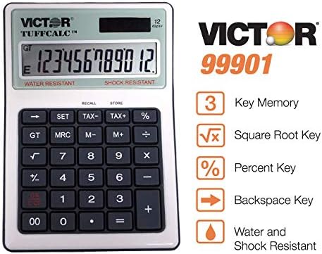 Victor 99901 Calculadora Tuffcalc de 12 dígitos, exibição de LCD com bateria e híbrido solar, resistente