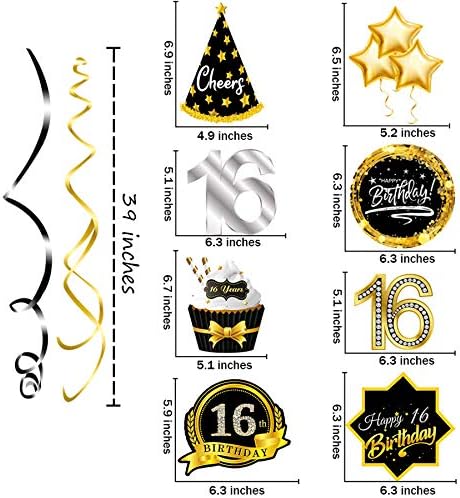 16º aniversário de decoração teto pendurado redemoinhos prateados pretos e dourados, feliz aniversário de 16º aniversário.